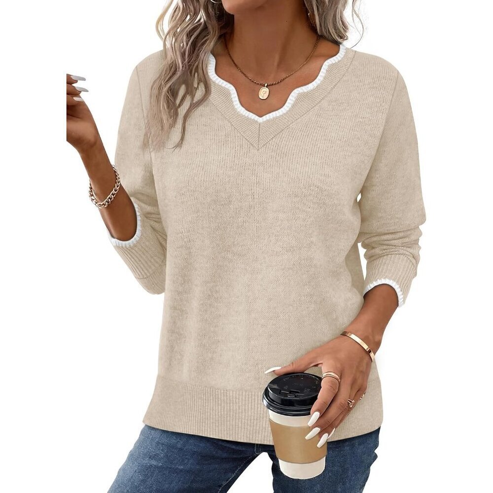 Womens V Neck Sweater Pullover Cozy Lightweight Long Sleeve Fall Casual